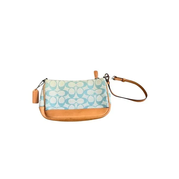 Coach Wristlet Bag Womens Small Blue Tan Signature C Monogram - Picture 2 of 8